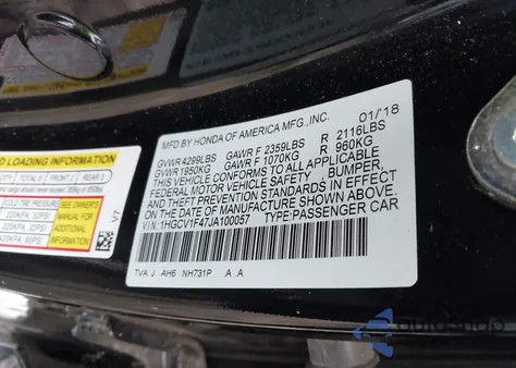 2018 Honda Accord Ex z USA, uszkodzony, nr VIN 1HGCV1F47JA100057
